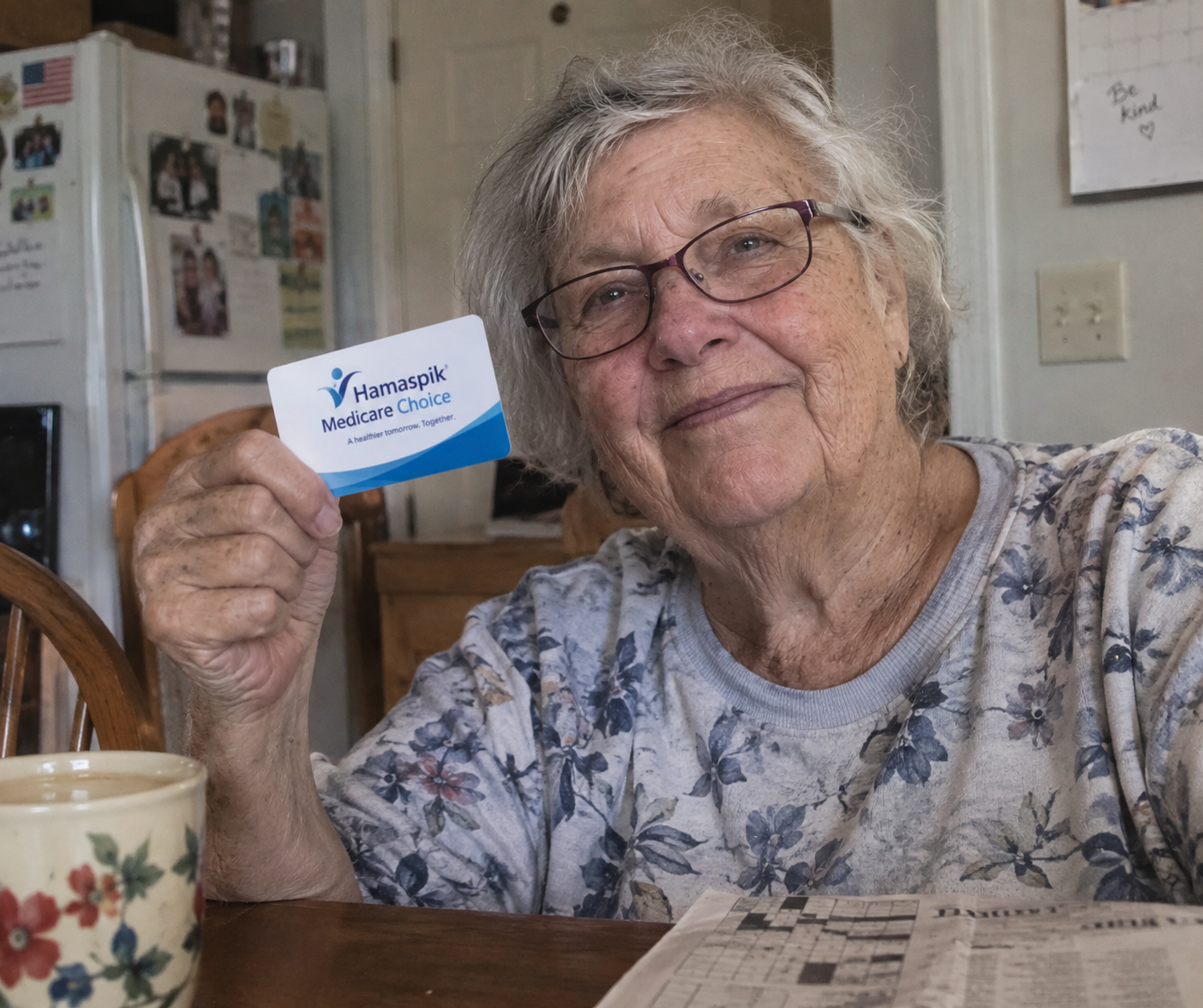 Older woman at her kitchen table holding a Hamaspik Medicare Choice card
