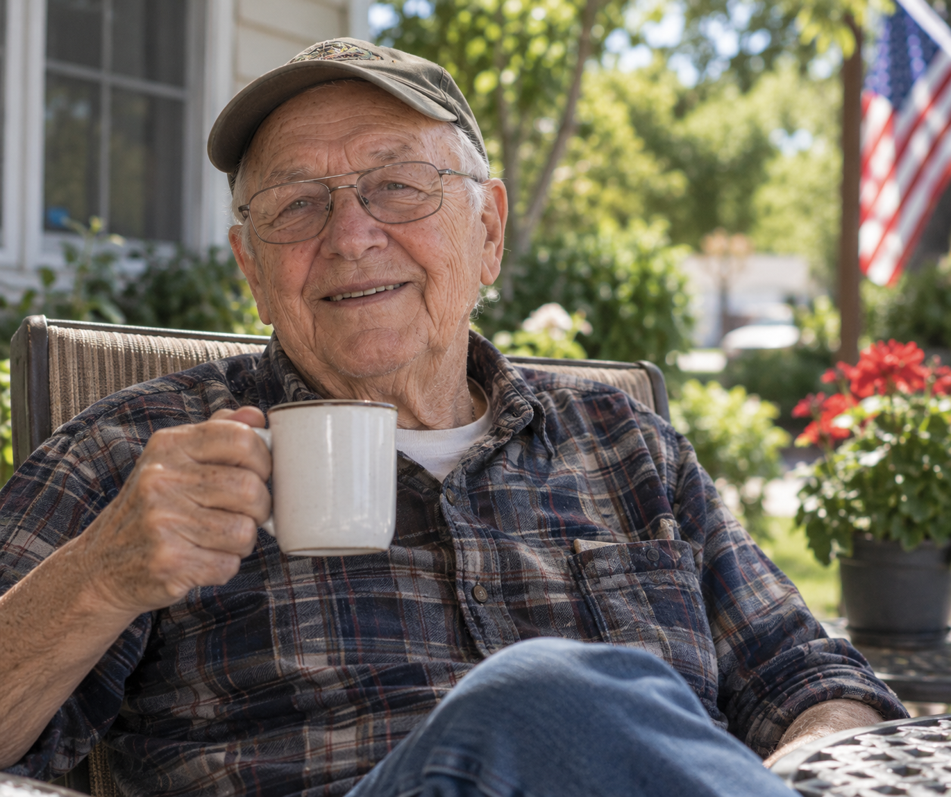 Smiling older man in a cap holding a coffee mug on his front porch